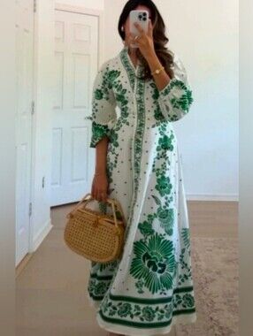 Magaschoni | Dresses | Magaschoni Linen Maxi Dress Lantern Sleeve Vneck  Farm Rio Green Forest Soul | Poshmark